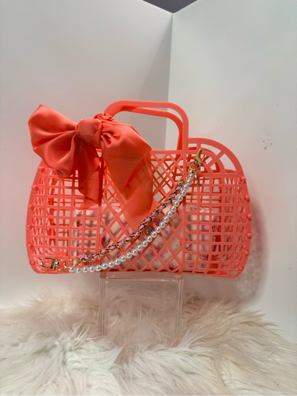 Coral Bow Accent Woven Tote with Pearl-Chain Strap